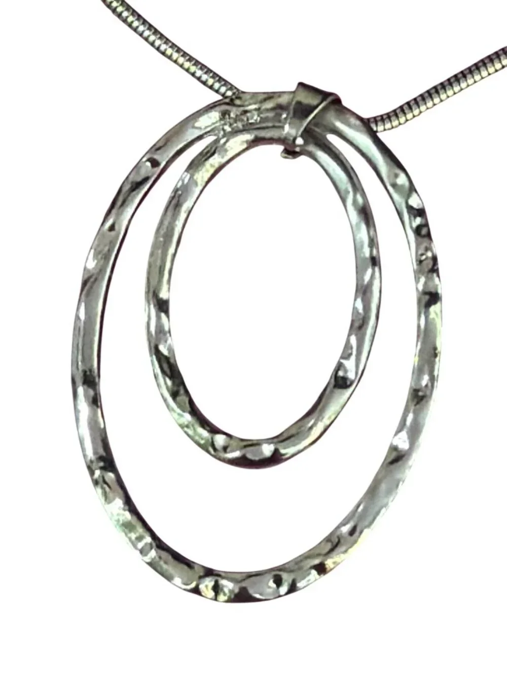 Silver Tone Long Snake Chain Necklace Double Hammered Open Oval Pendant Adj 36